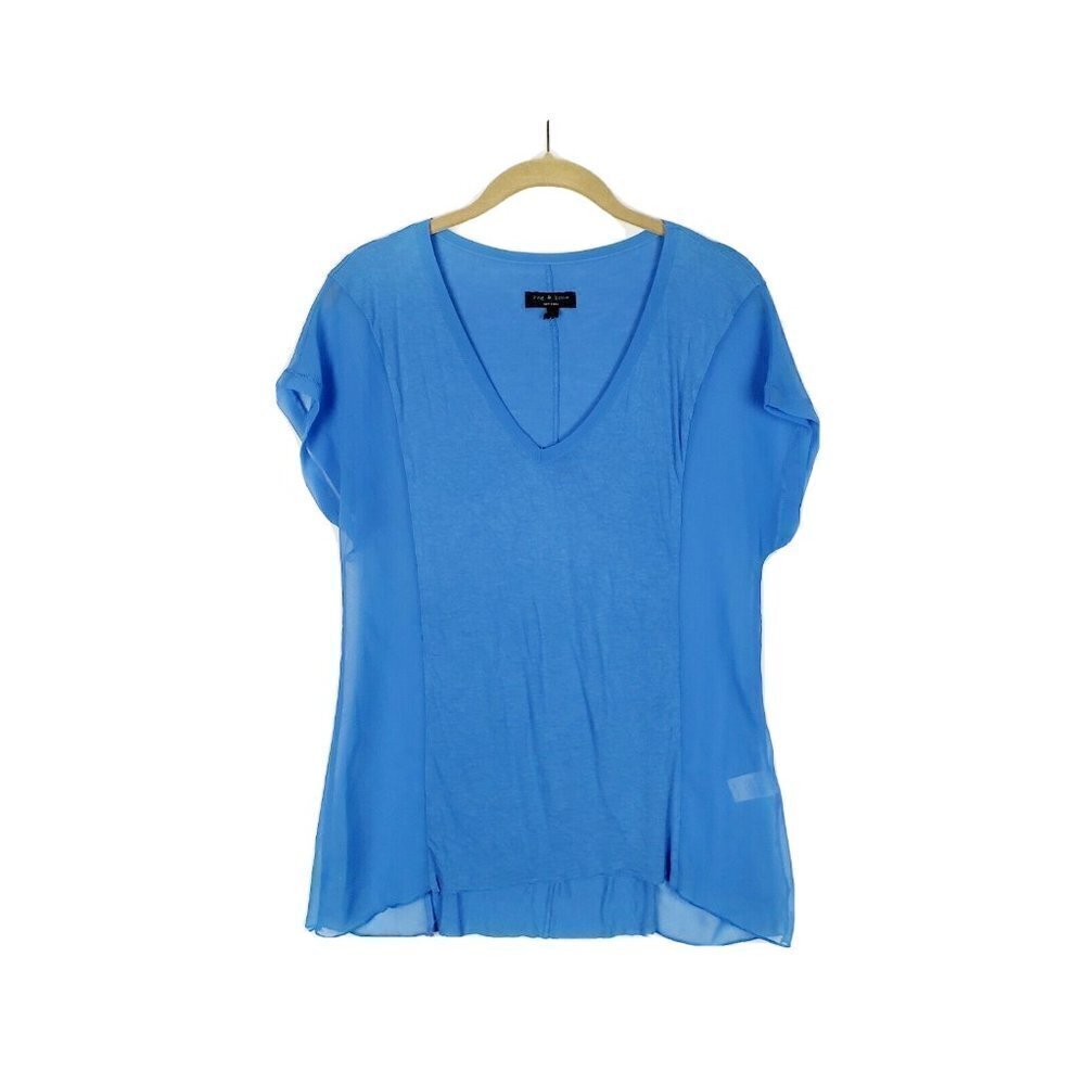 Rag & Bone V-Neck Top Blue Sheer Panel Short Sleeve Womens Size Small